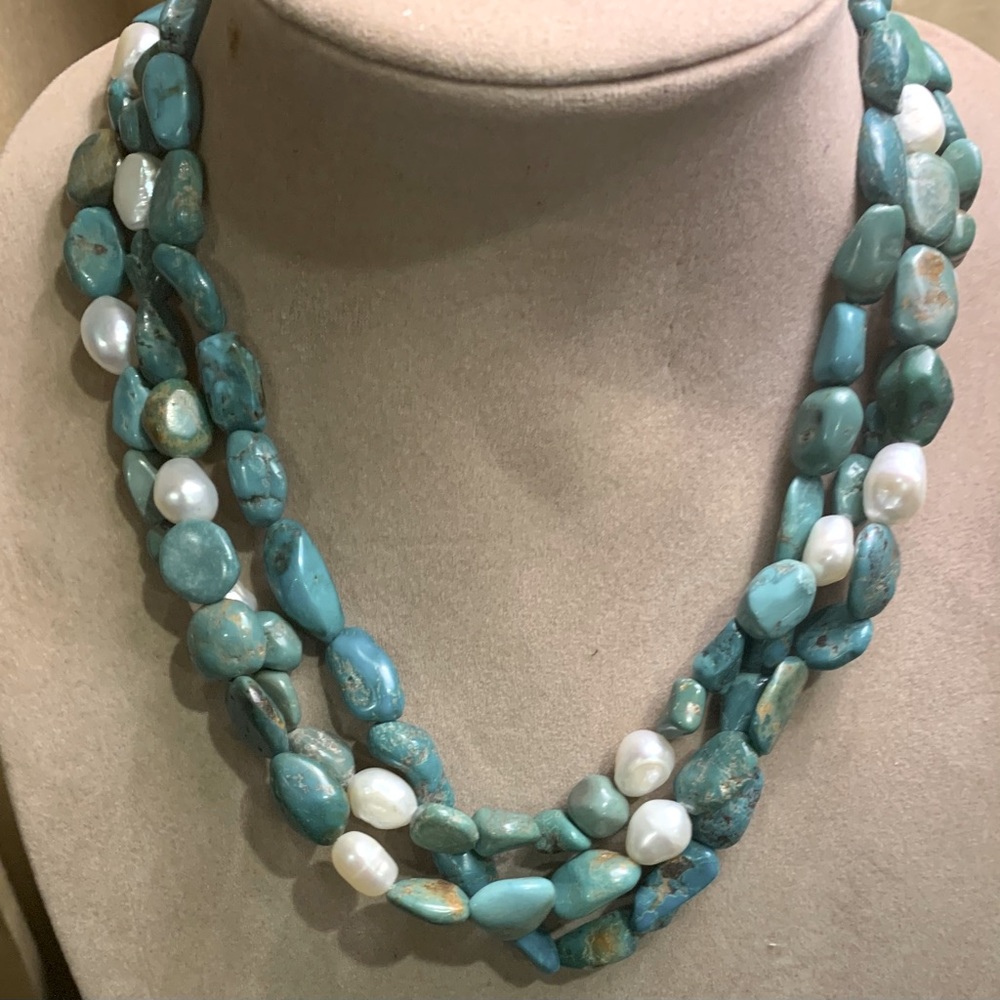 Turquoise and Pearl Multi-strand Necklace